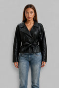 Belted Funnel Neck Faux Leather Jacket
