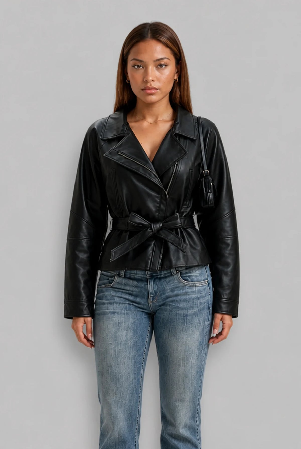 Belted Funnel Neck Faux Leather Jacket