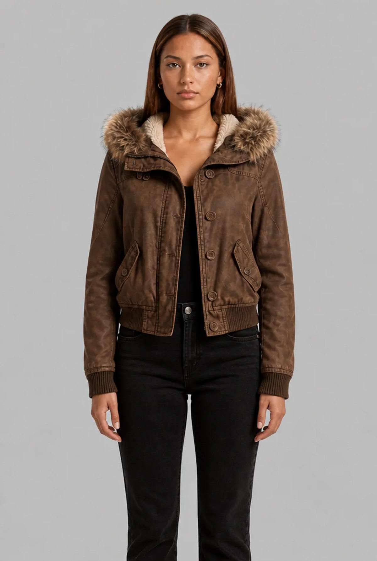 Faux Fur Trim Hooded Cropped Jacket