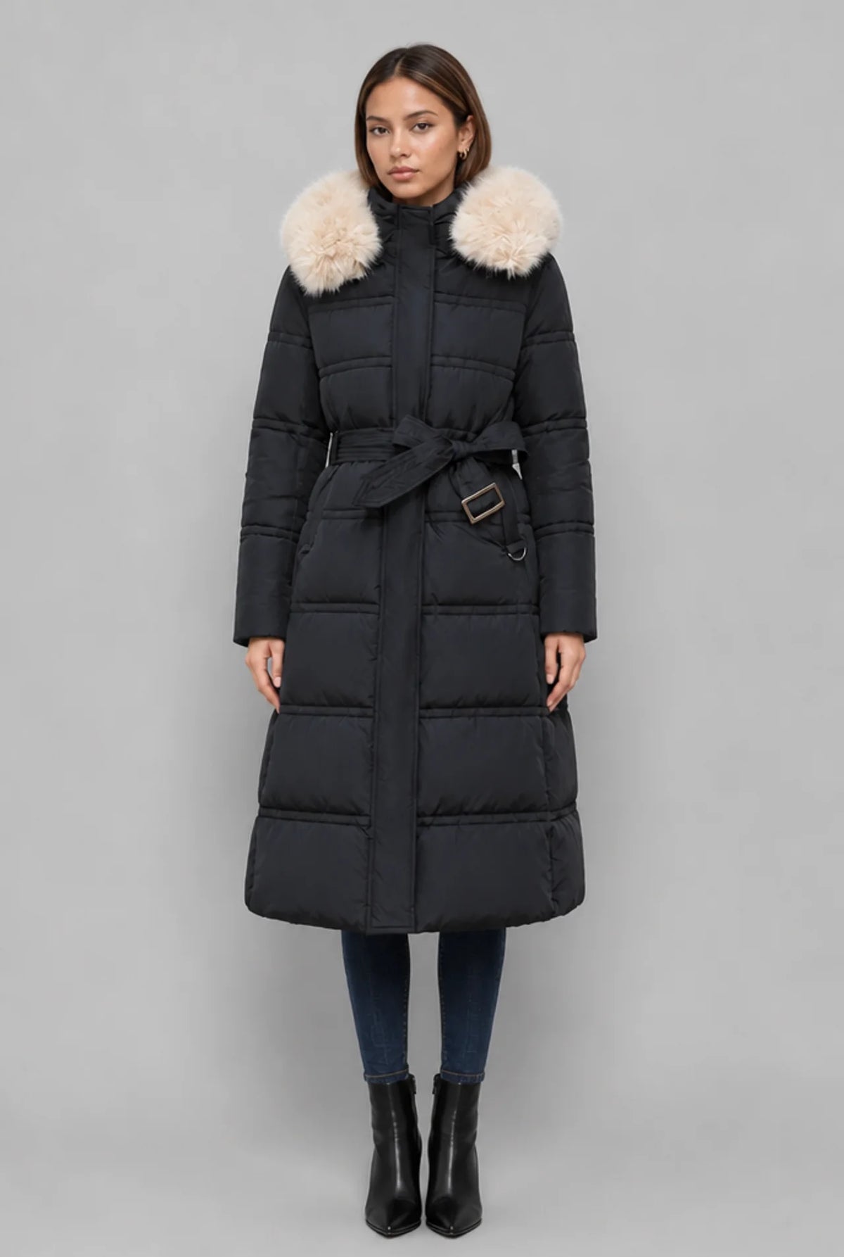 Longline Hooded Puffer Coat with Faux Fur Trim