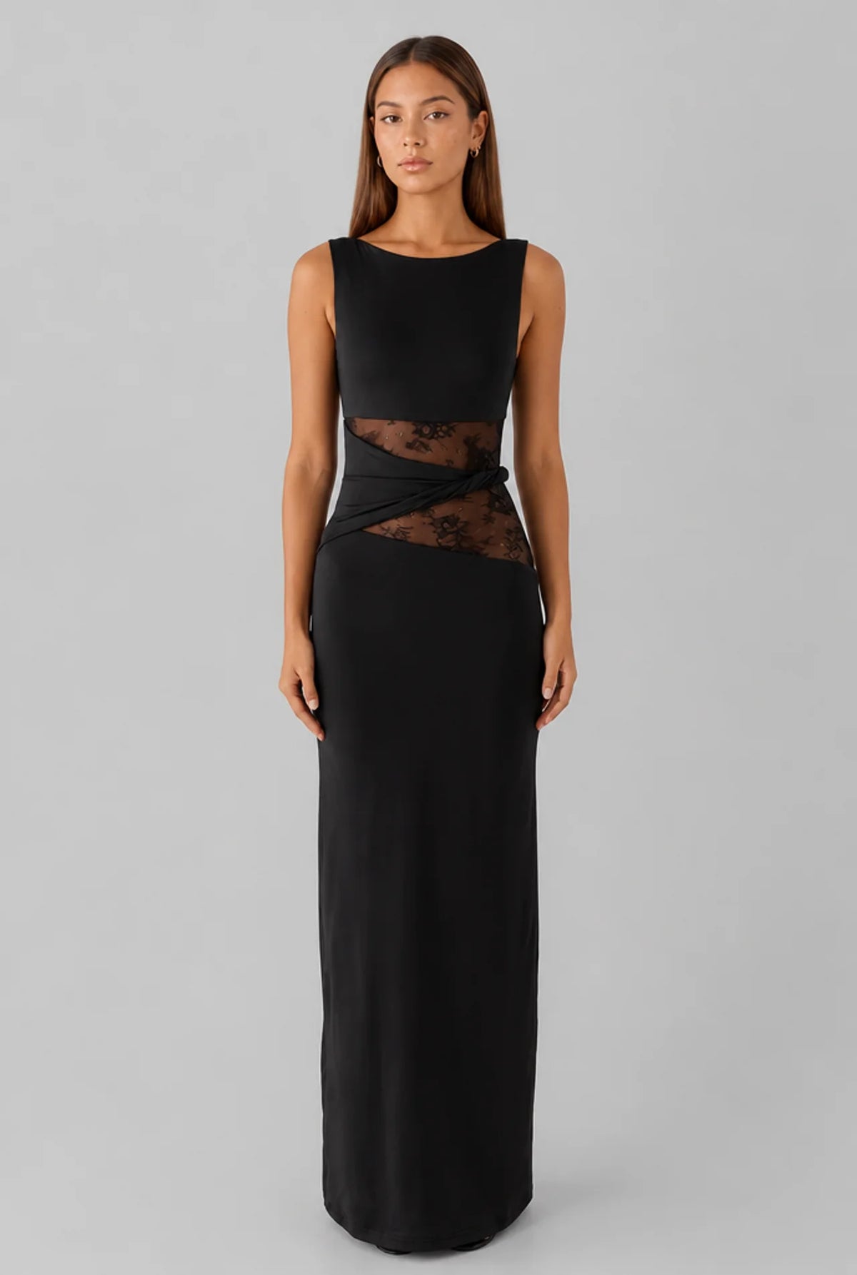 Lace Panel High Neck Column Maxi Dress