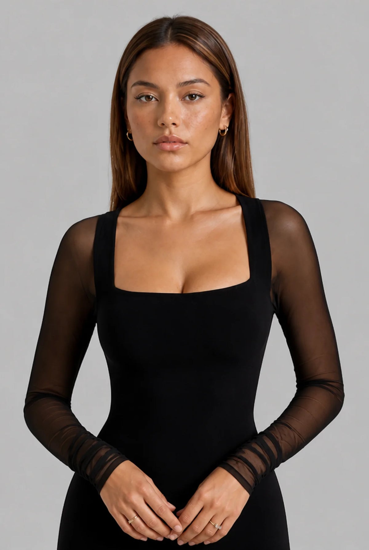 Mesh Sleeve Square Neck Bodycon Midi Dress