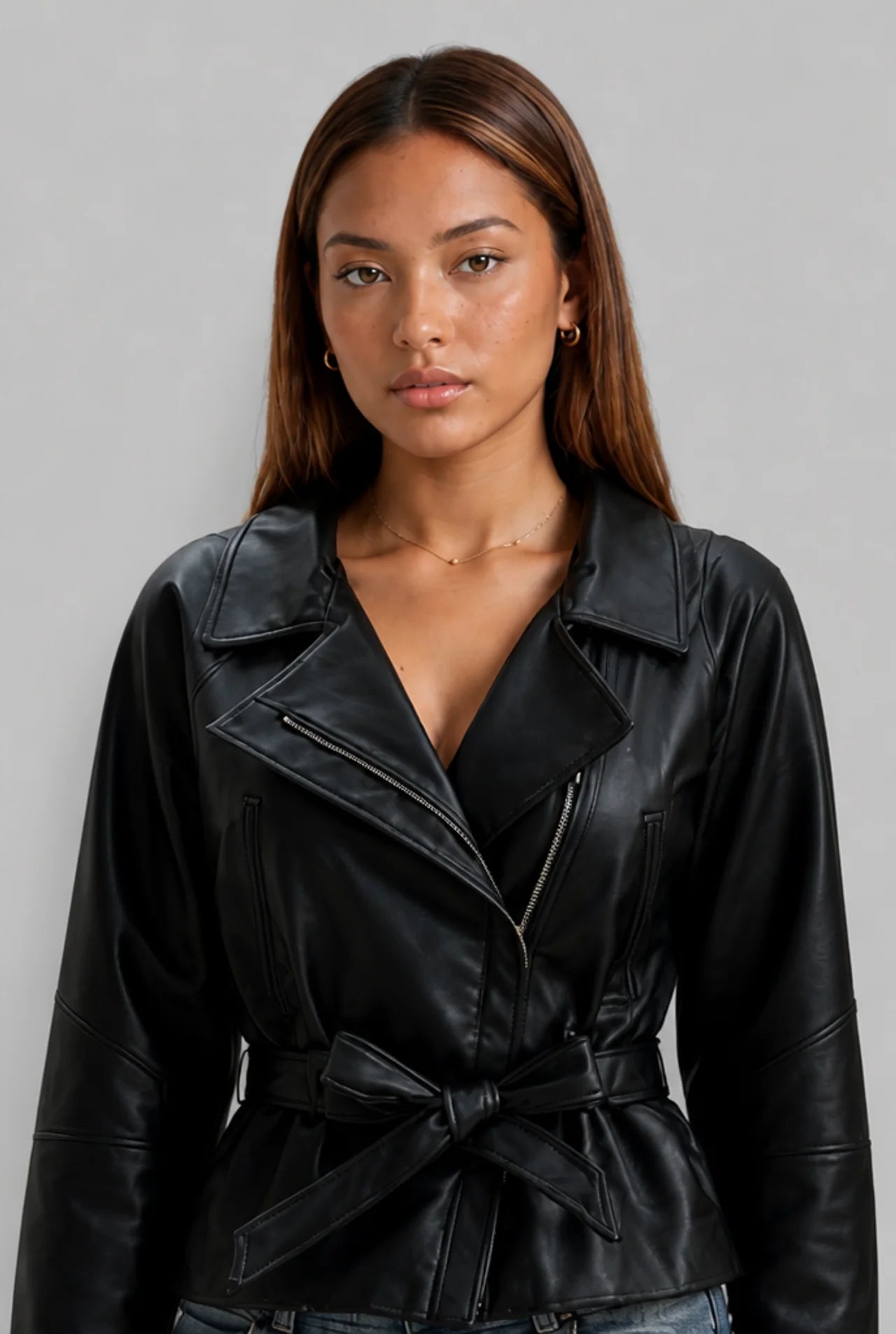 Belted Funnel Neck Faux Leather Jacket