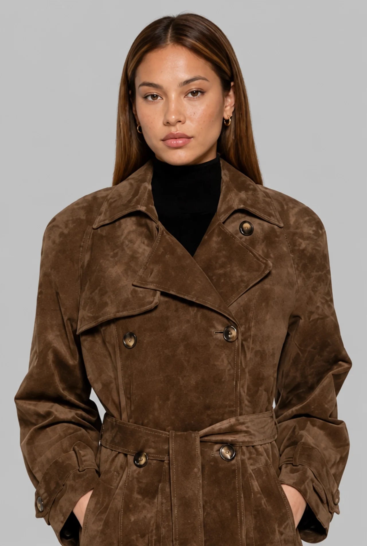 Suede Double-Breasted Trench Coat