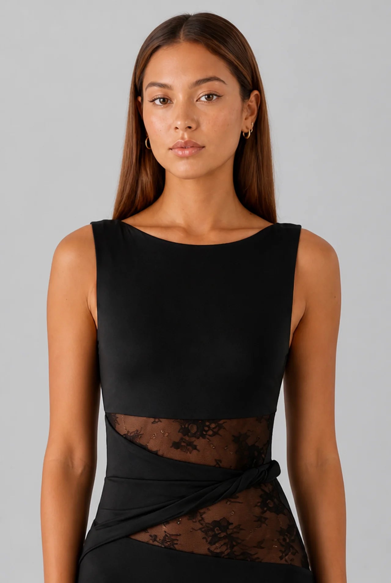 Lace Panel High Neck Column Maxi Dress