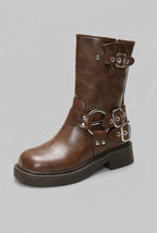 Studded Buckle Harness Mid-Calf Boots