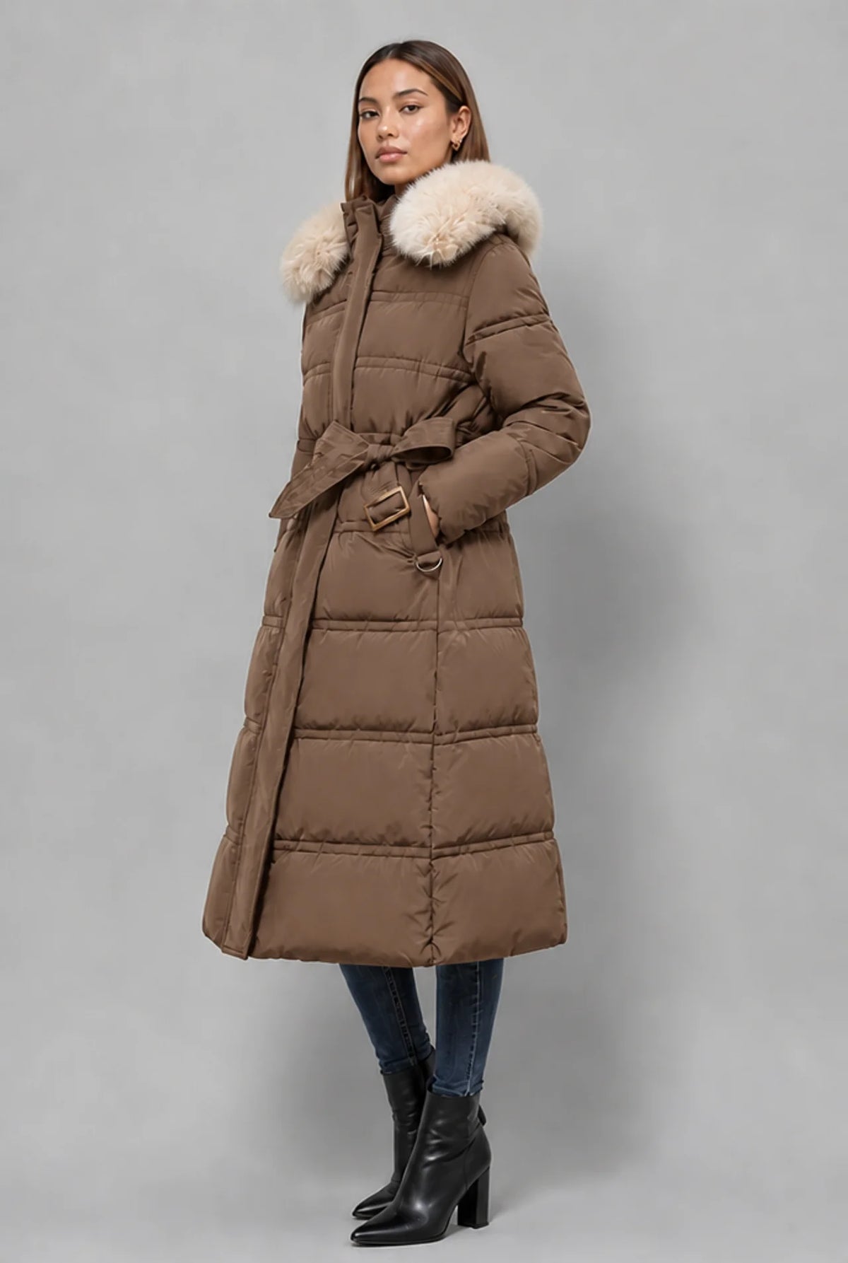 Longline Hooded Puffer Coat with Faux Fur Trim
