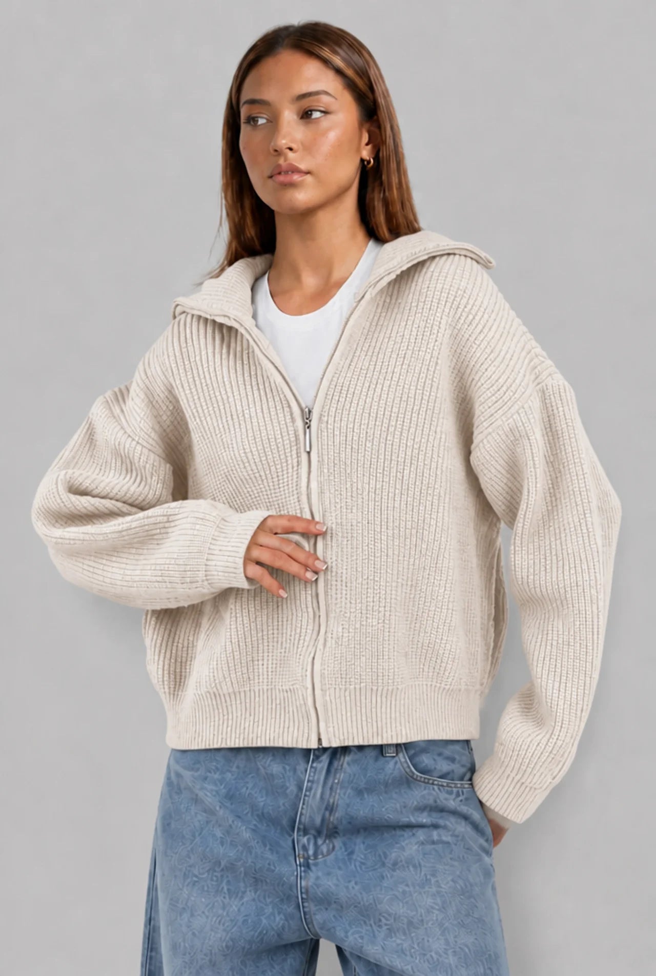 Zip-Up Ribbed Cardigan