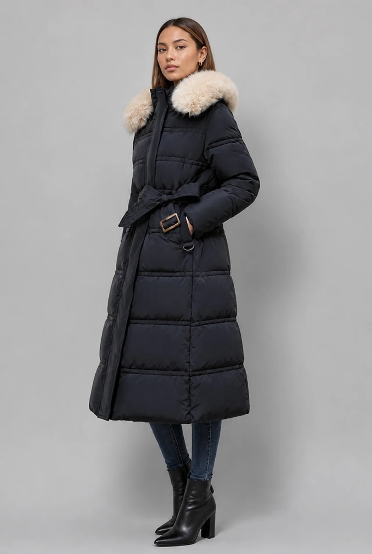 Longline Hooded Puffer Coat with Faux Fur Trim