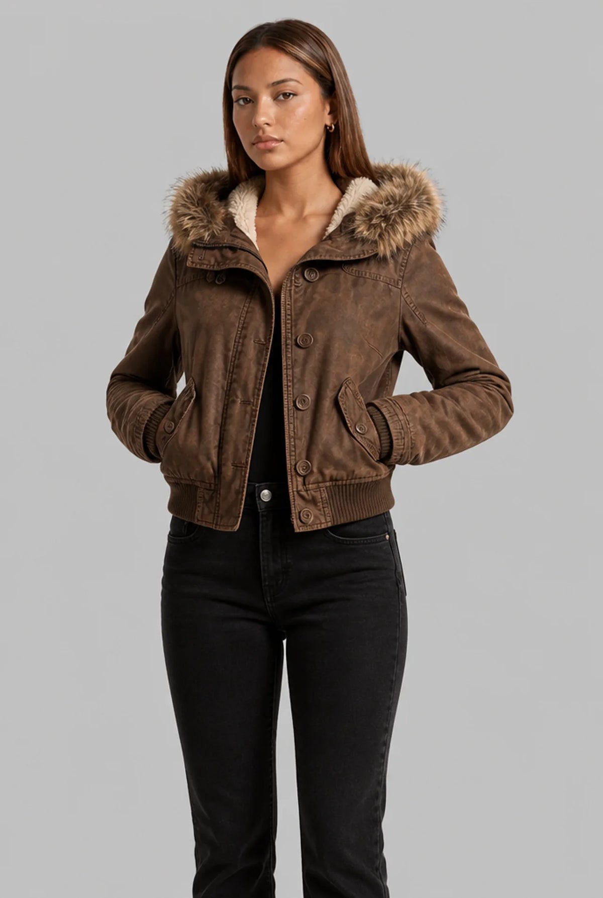 Faux Fur Trim Hooded Cropped Jacket