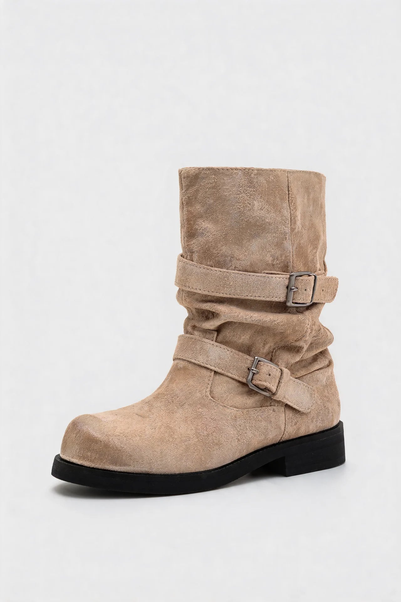 Distressed Double Buckle Mid-Calf Boots