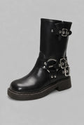 Studded Buckle Harness Mid-Calf Boots