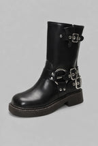 Studded Buckle Harness Mid-Calf Boots