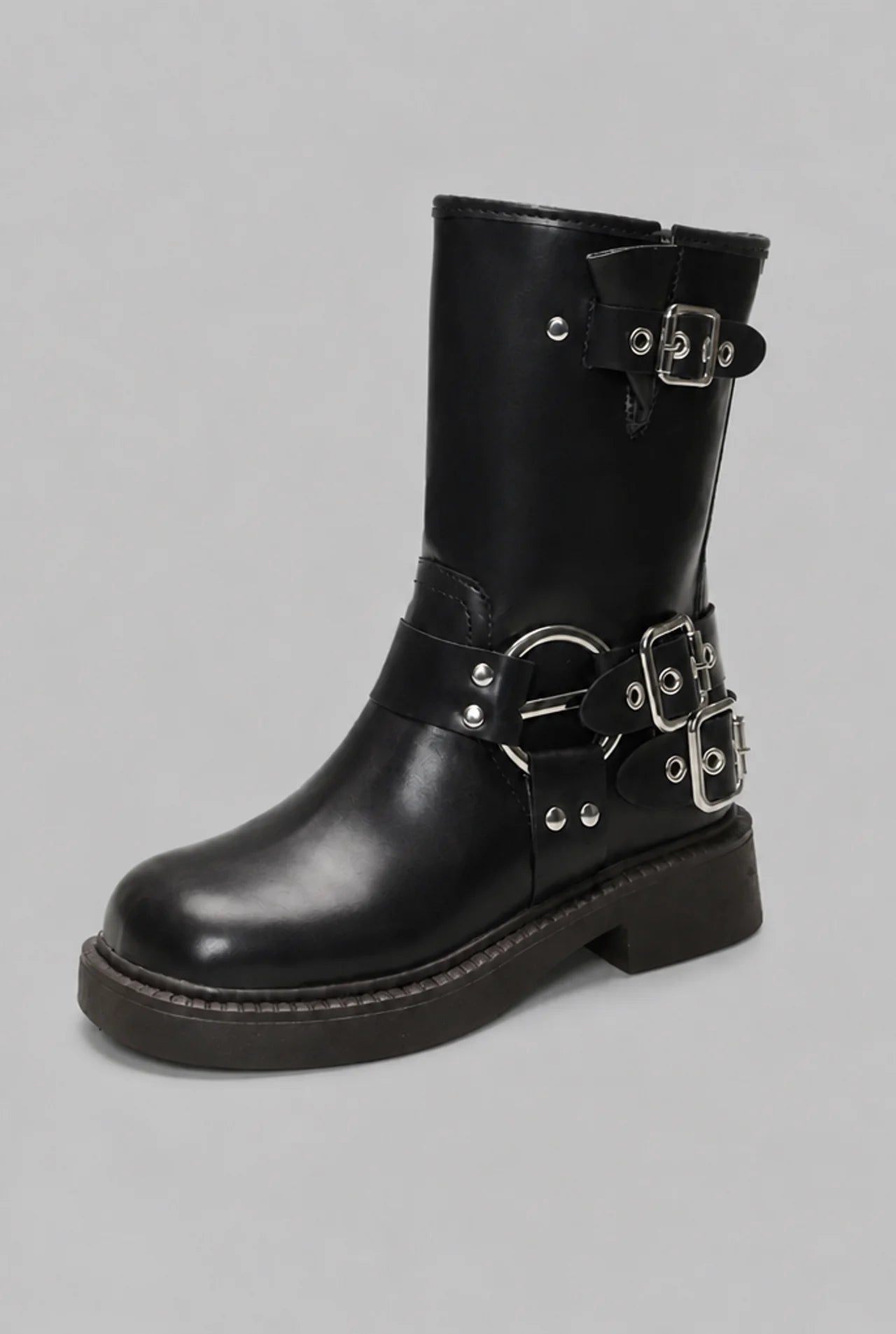 Studded Buckle Harness Mid-Calf Boots