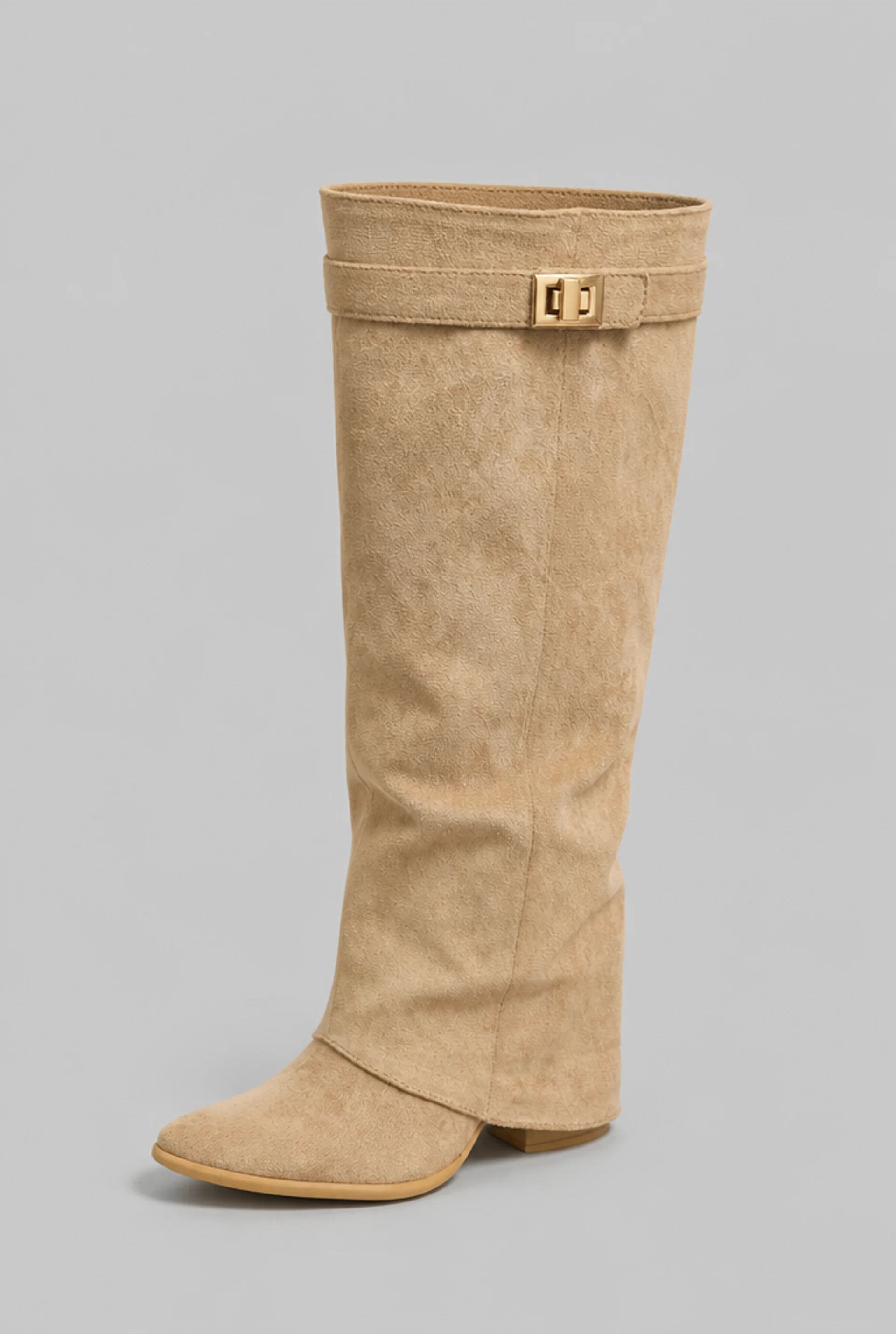 Foldover Cuff Knee-High Buckle Boots