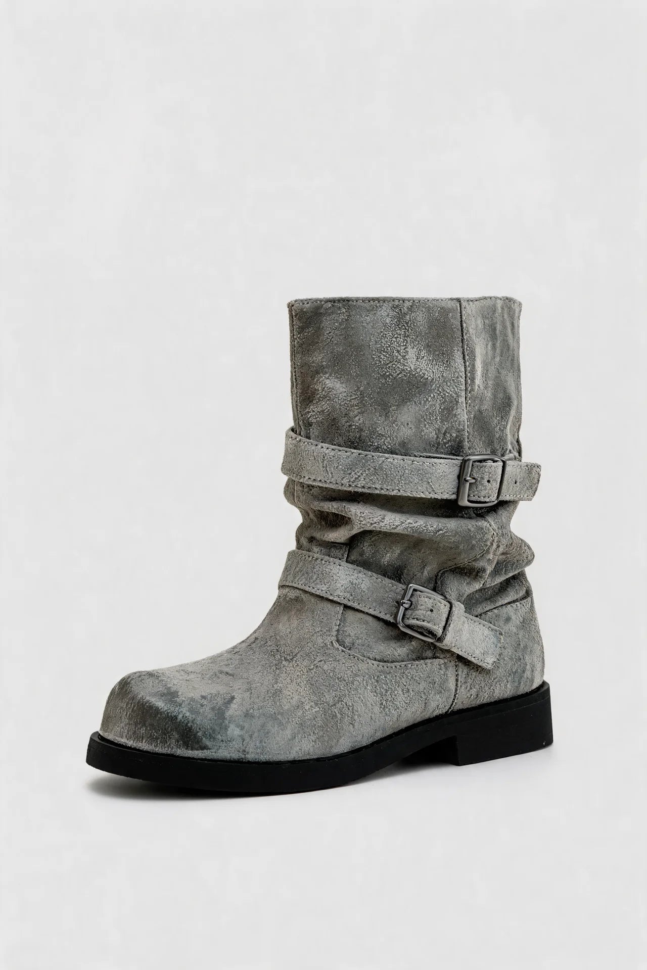 Distressed Double Buckle Mid-Calf Boots