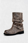 Distressed Double Buckle Mid-Calf Boots