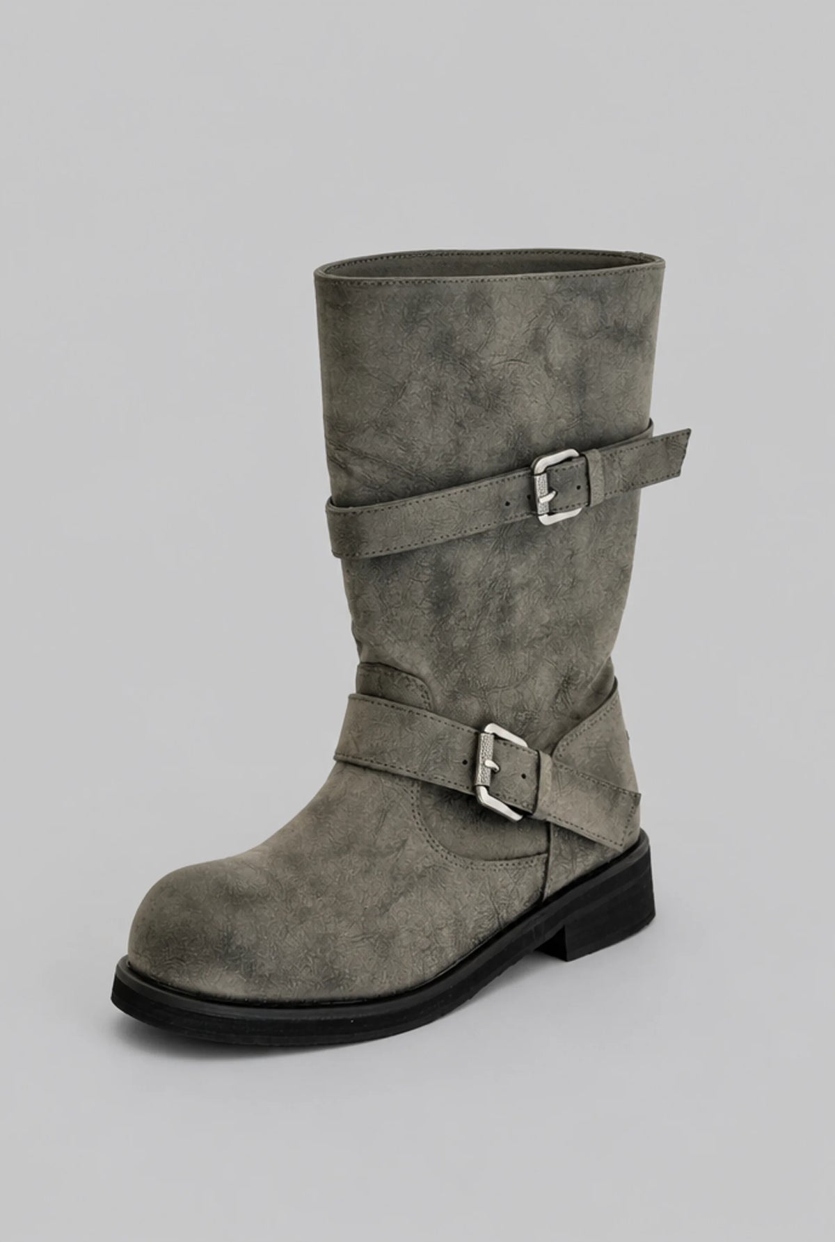 Distressed Double Buckle Mid-Calf Boots