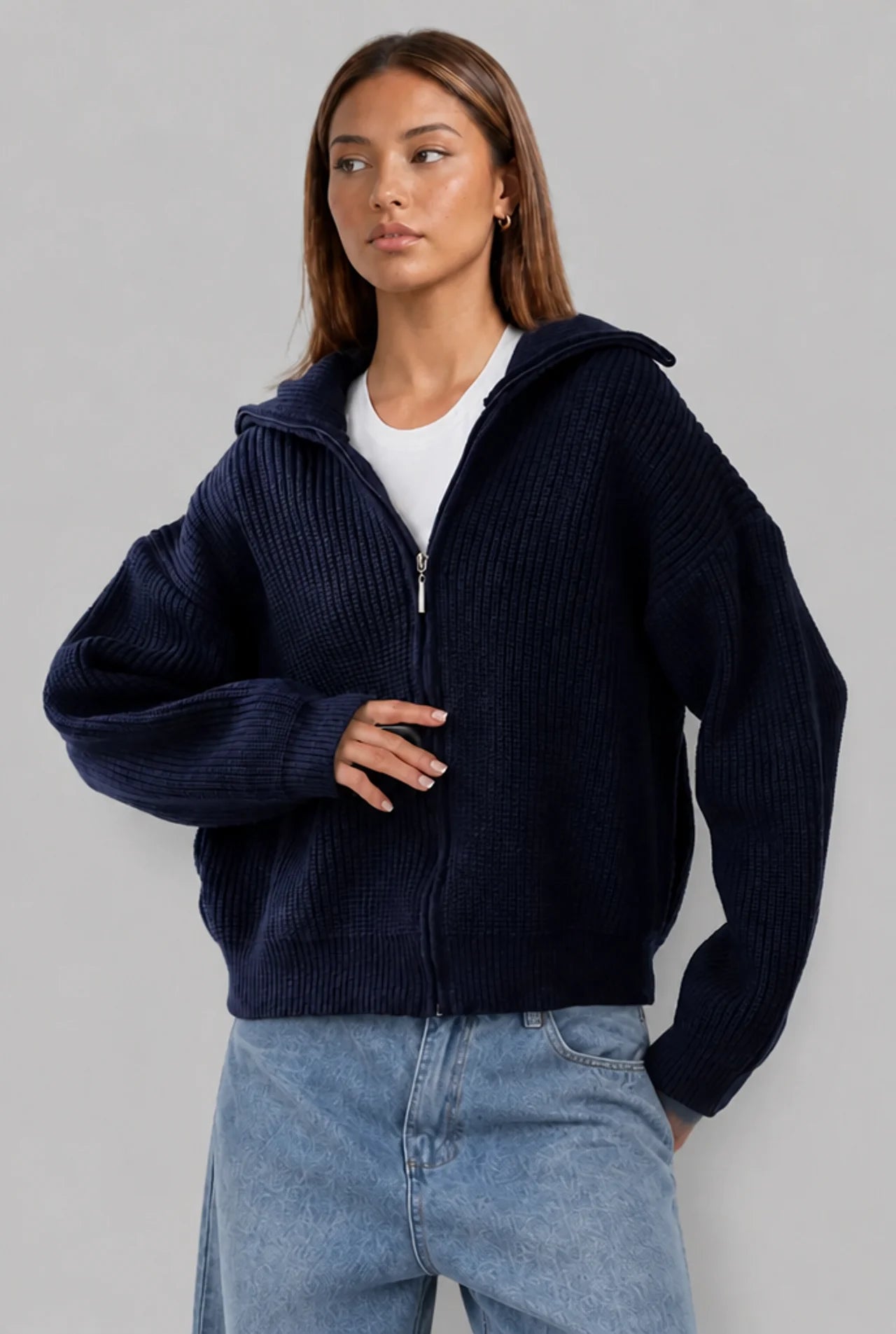 Zip-Up Ribbed Cardigan