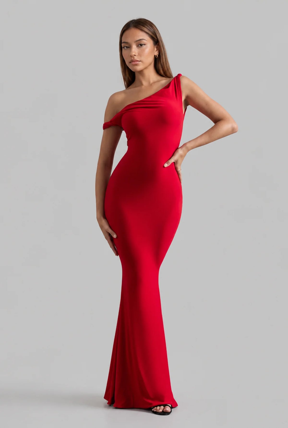 Off Shoulder Fishtail Column Maxi Dress