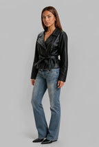 Belted Funnel Neck Faux Leather Jacket