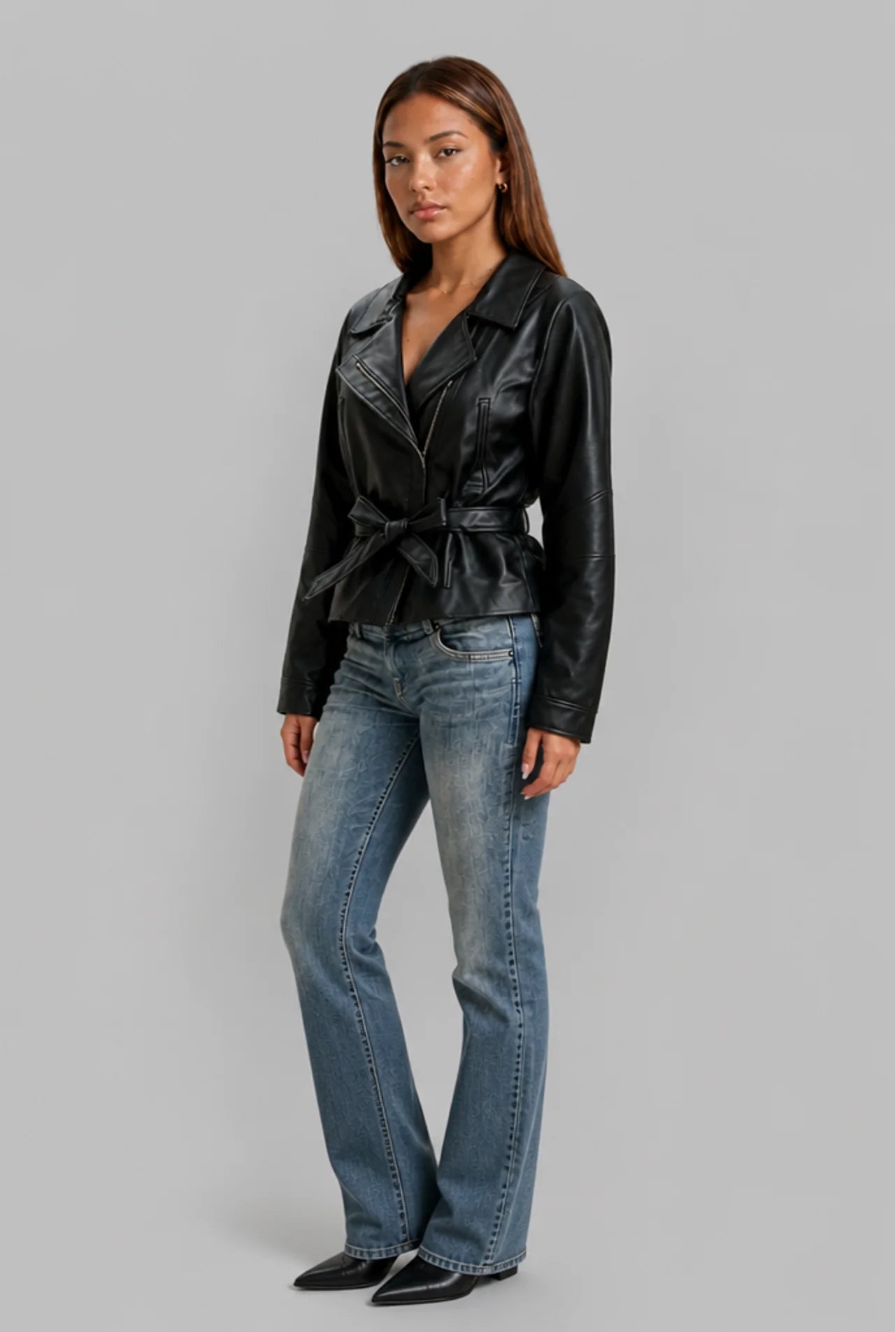 Belted Funnel Neck Faux Leather Jacket