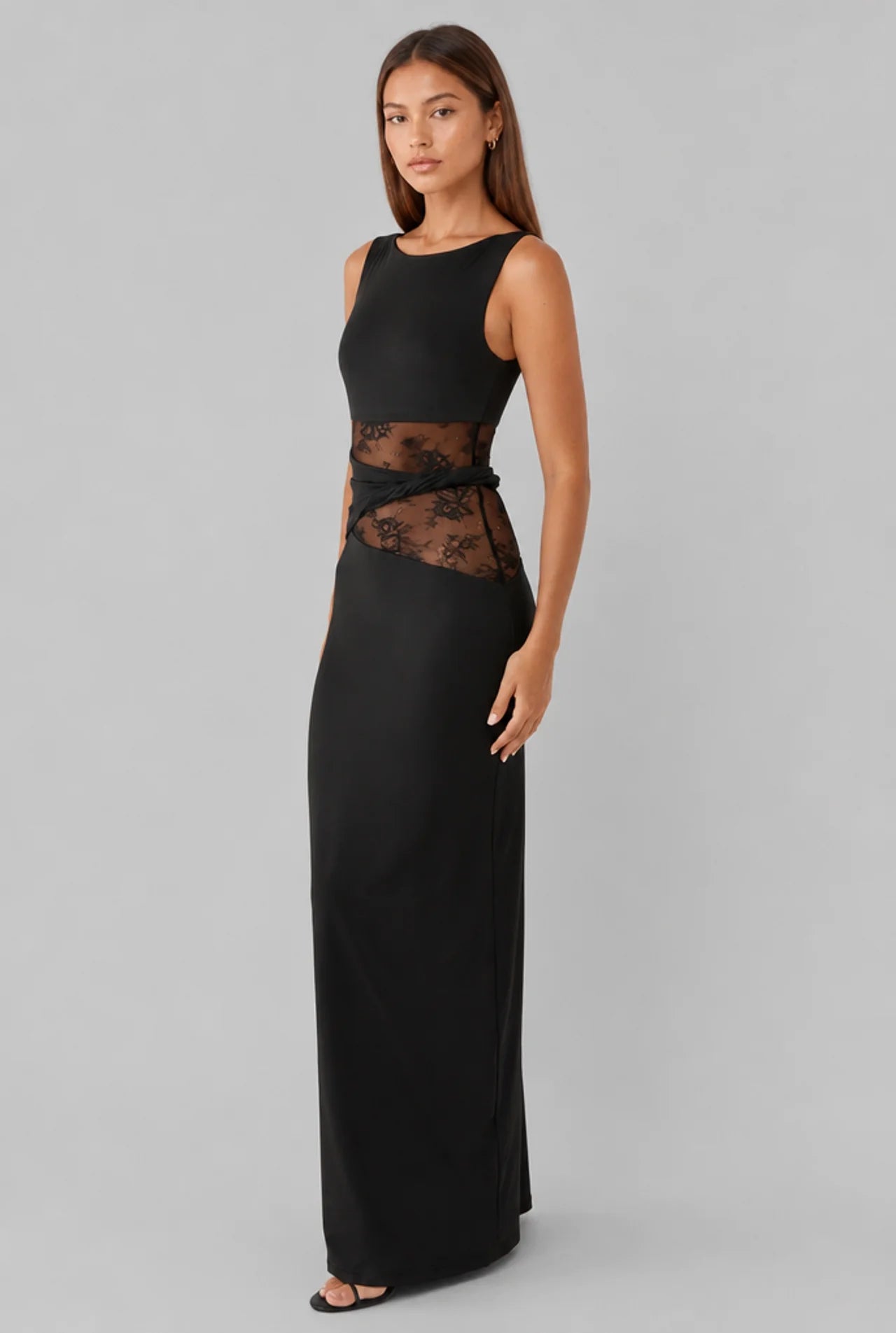 Lace Panel High Neck Column Maxi Dress