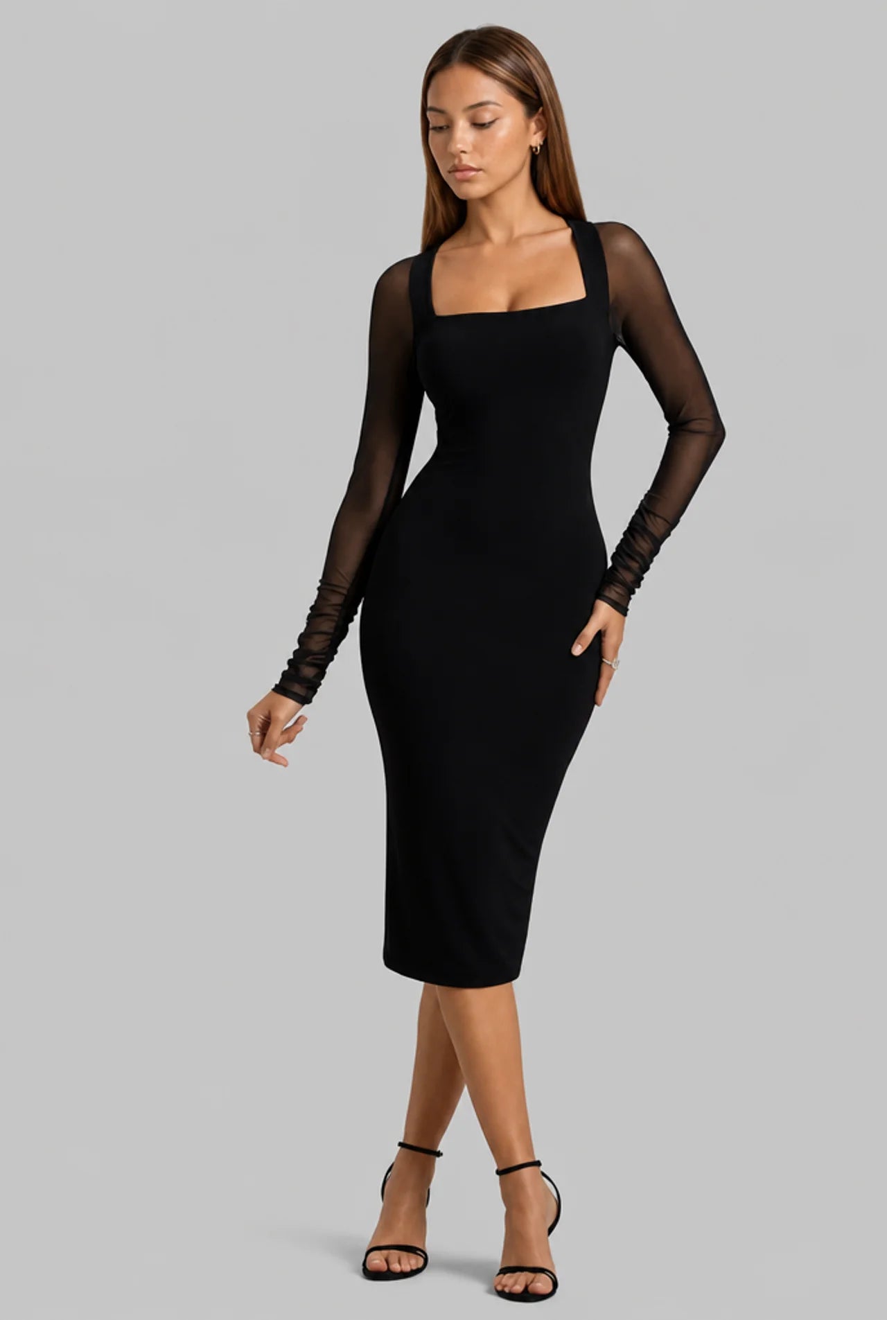 Mesh Sleeve Square Neck Bodycon Midi Dress