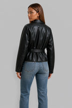 Belted Funnel Neck Faux Leather Jacket
