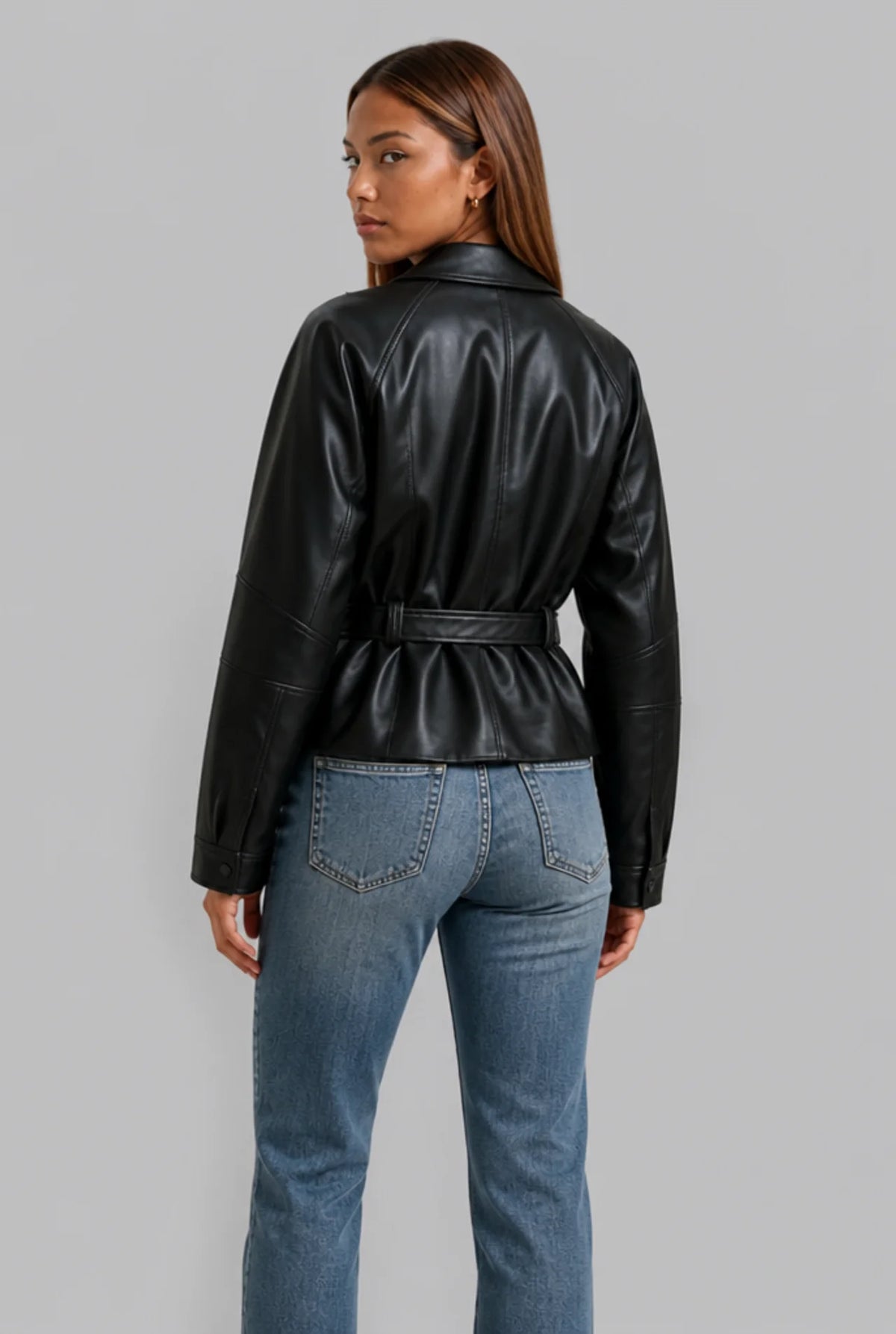 Belted Funnel Neck Faux Leather Jacket