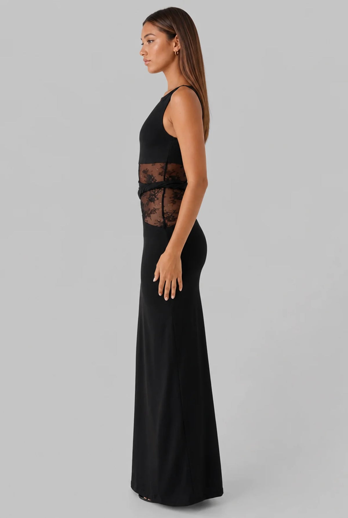 Lace Panel High Neck Column Maxi Dress