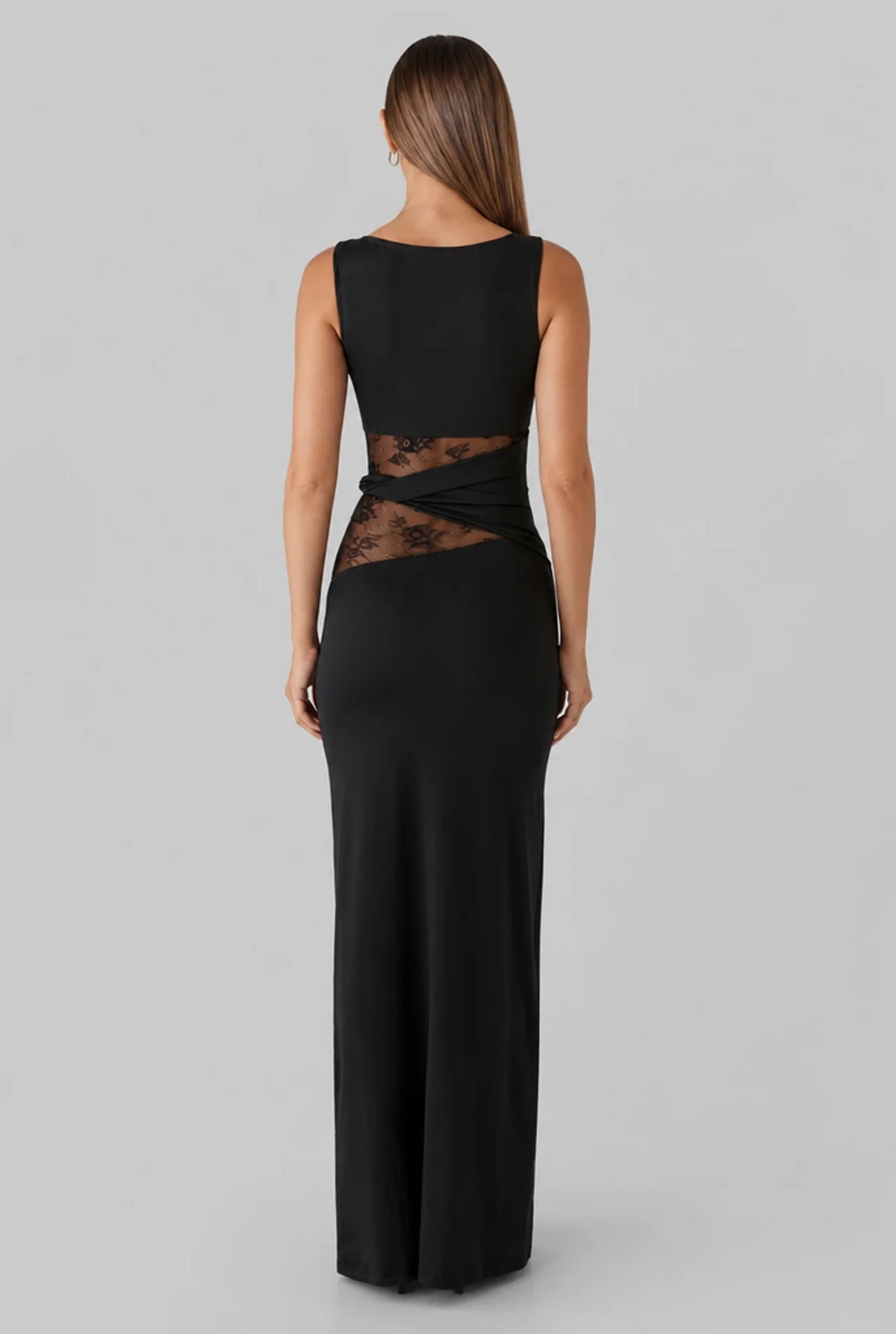 Lace Panel High Neck Column Maxi Dress