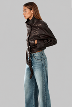 Fitted Leather Jacket with Belt Tie