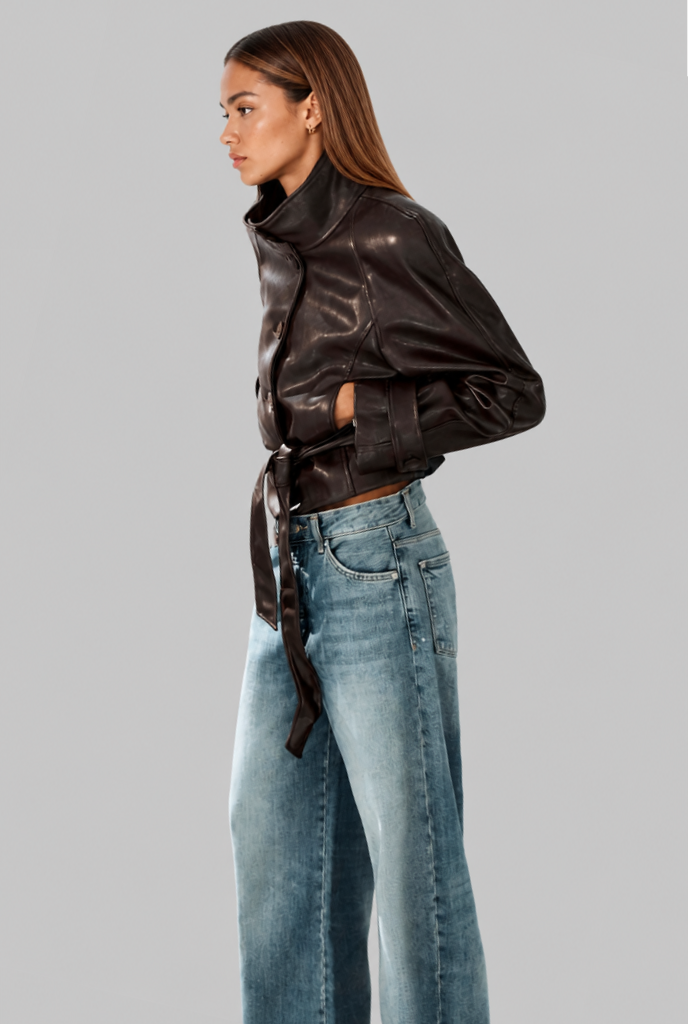 Fitted Leather Jacket with Belt Tie
