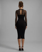 Black Mesh Sleeve Square Neck Bodycon Midi Dress