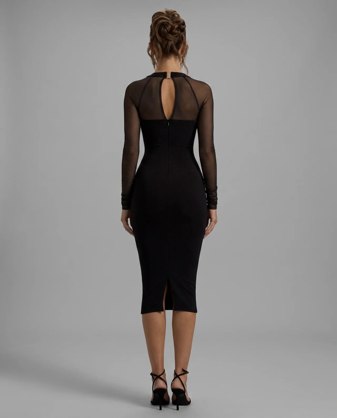 Black Mesh Sleeve Square Neck Bodycon Midi Dress