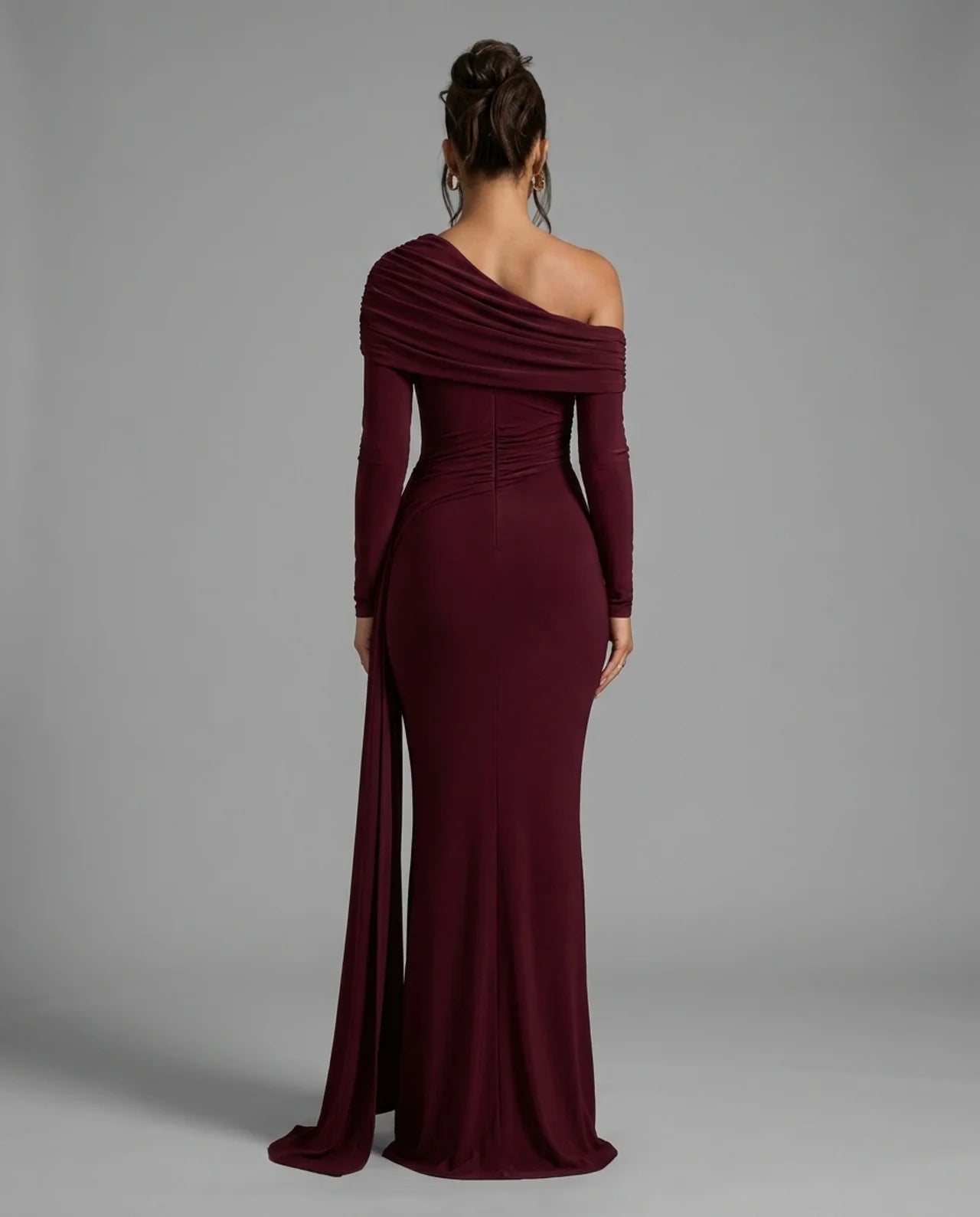 Burgundy Off Shoulder Long Sleeve Draped Maxi Dress