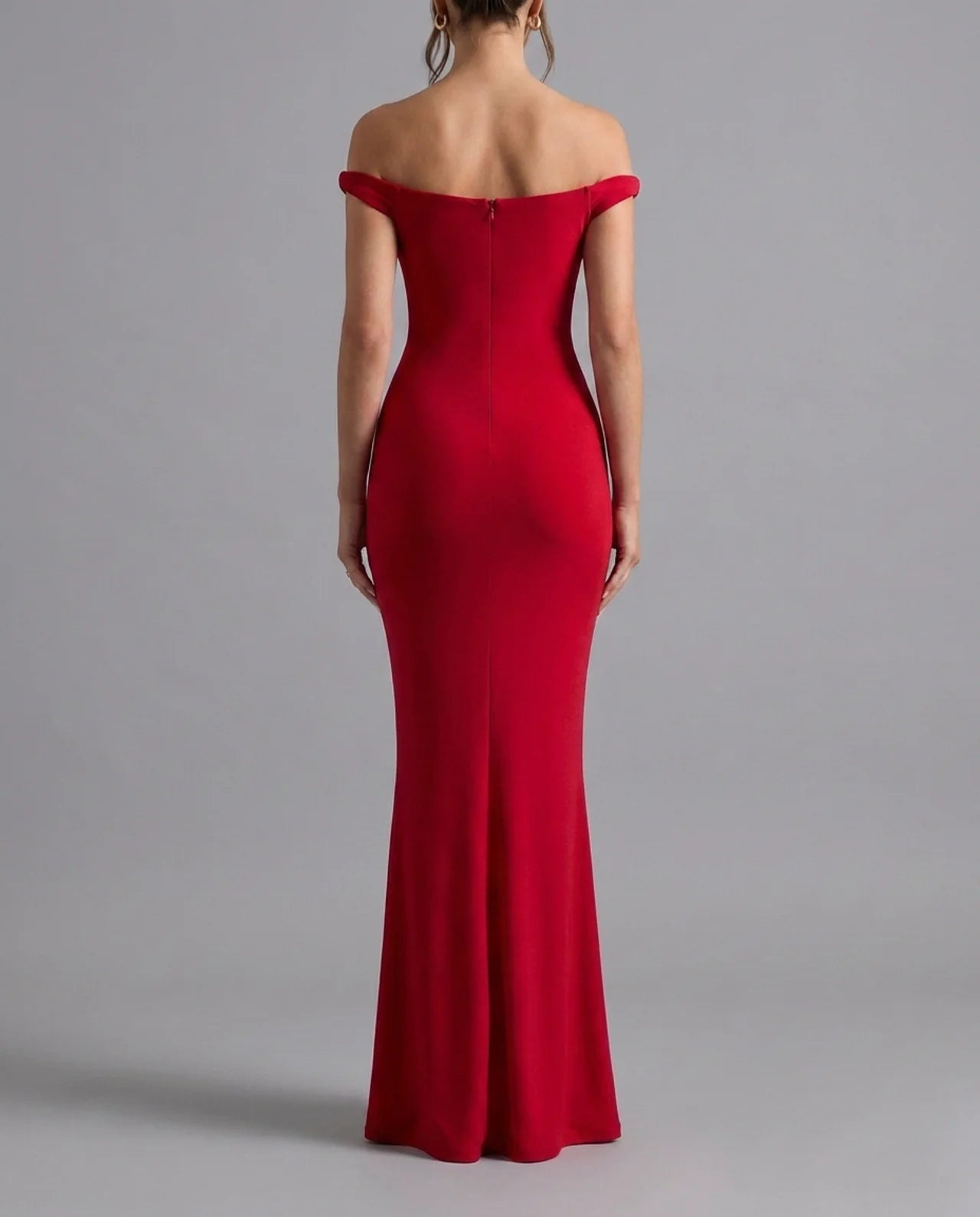 Red Off Shoulder Fishtail Column Maxi Dress