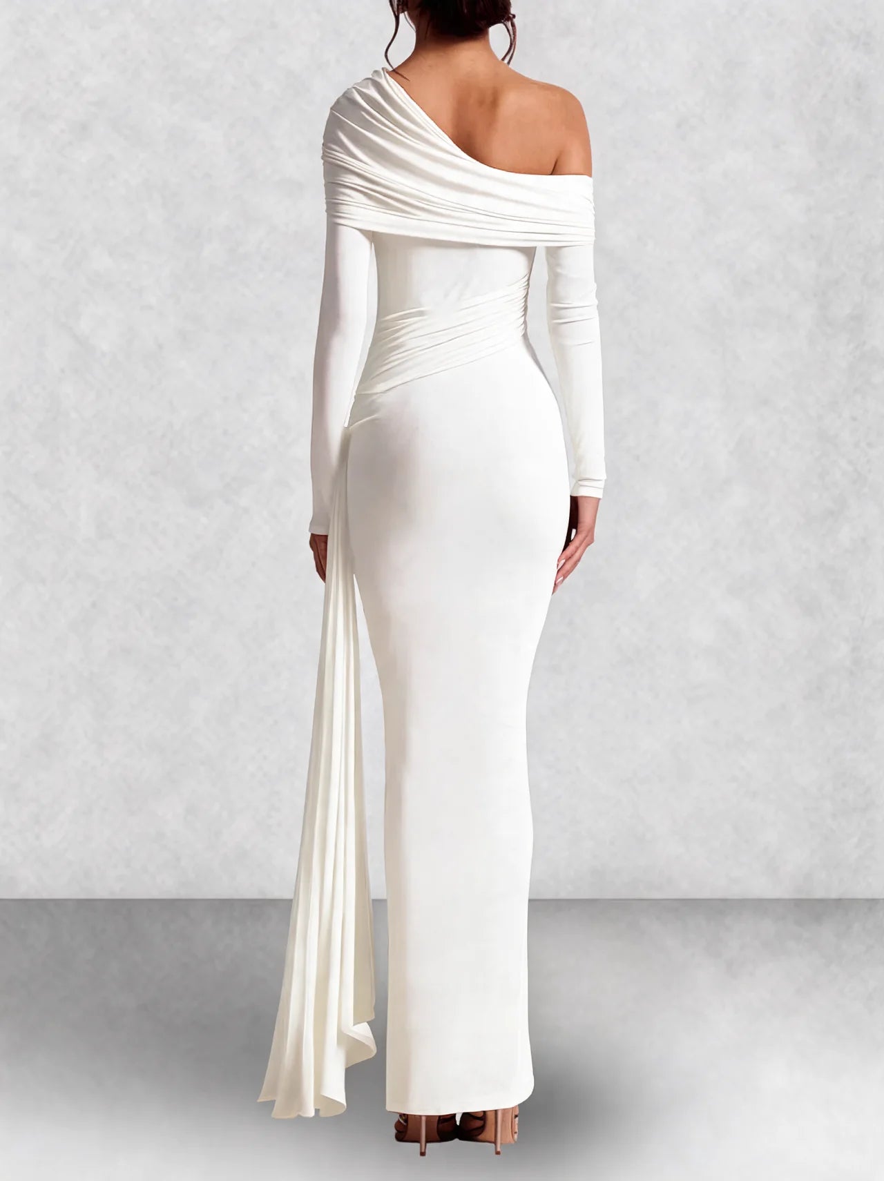Off Shoulder Long Sleeve Draped Maxi Dress