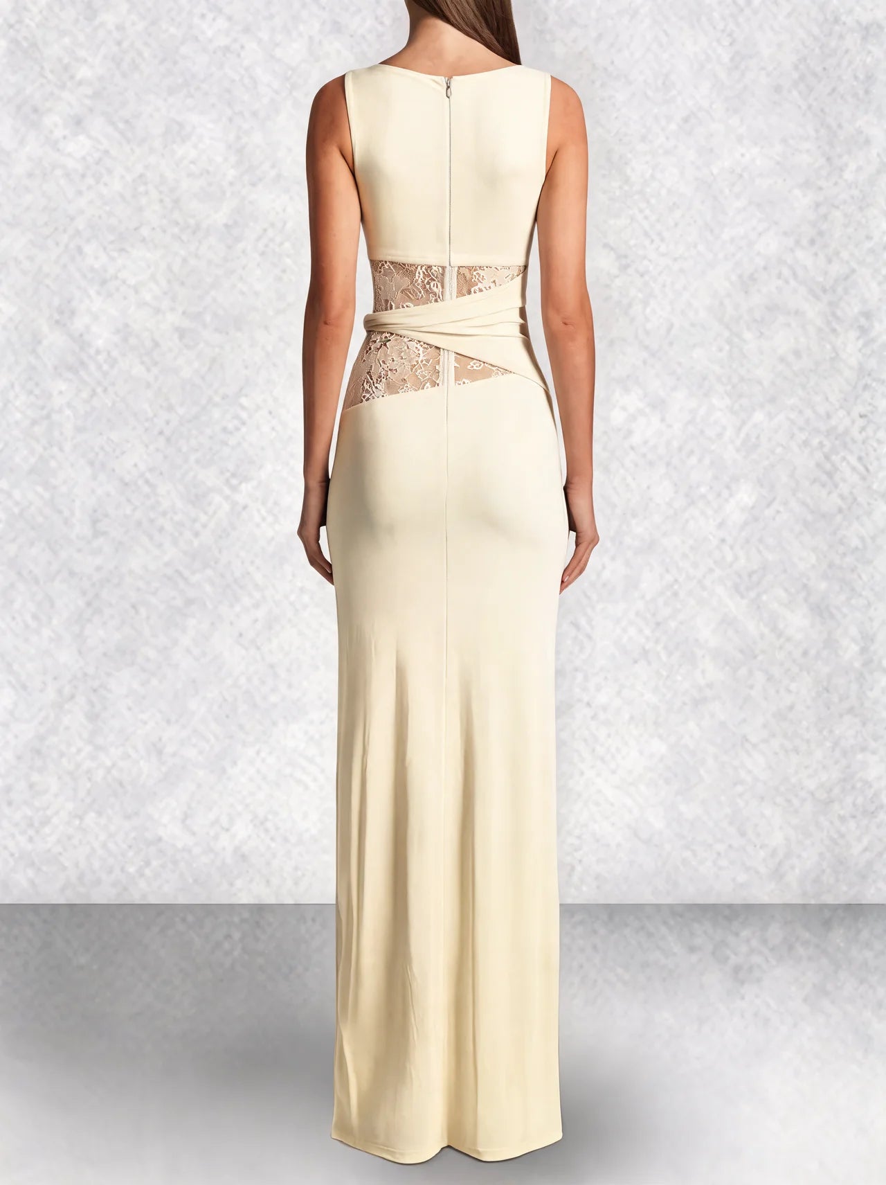 Lace Panel High Neck Column Maxi Dress