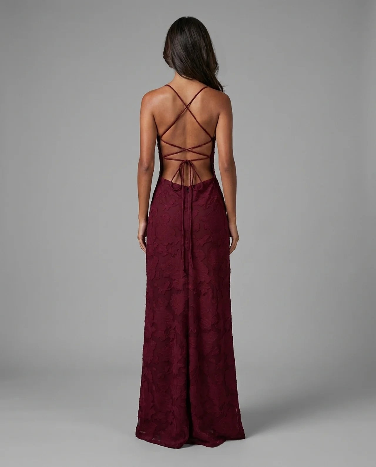 Burgundy Floral Cowl Neck Lace Up Back Maxi Dress
