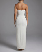 Ivory Beaded Strapless Thigh Split Maxi Dress