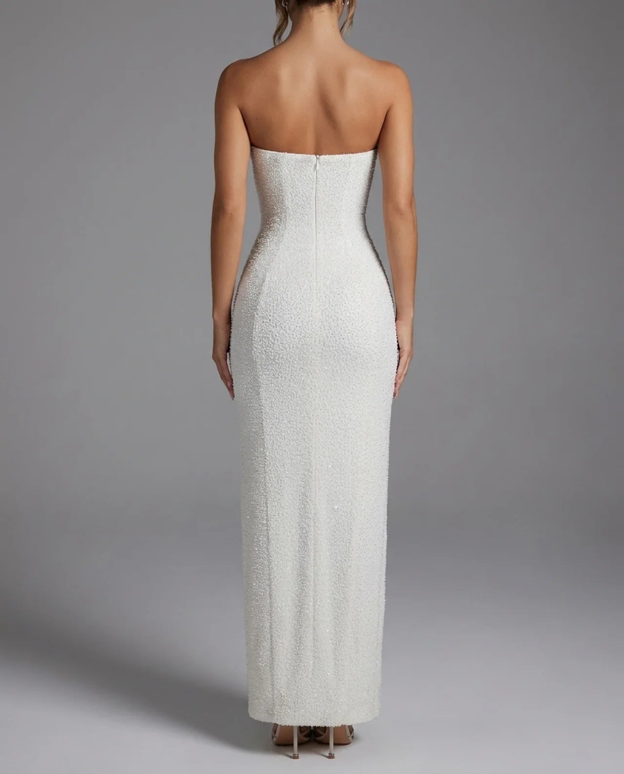 Ivory Beaded Strapless Thigh Split Maxi Dress