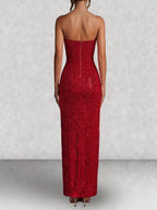 Beaded Strapless Thigh Split Maxi Dress