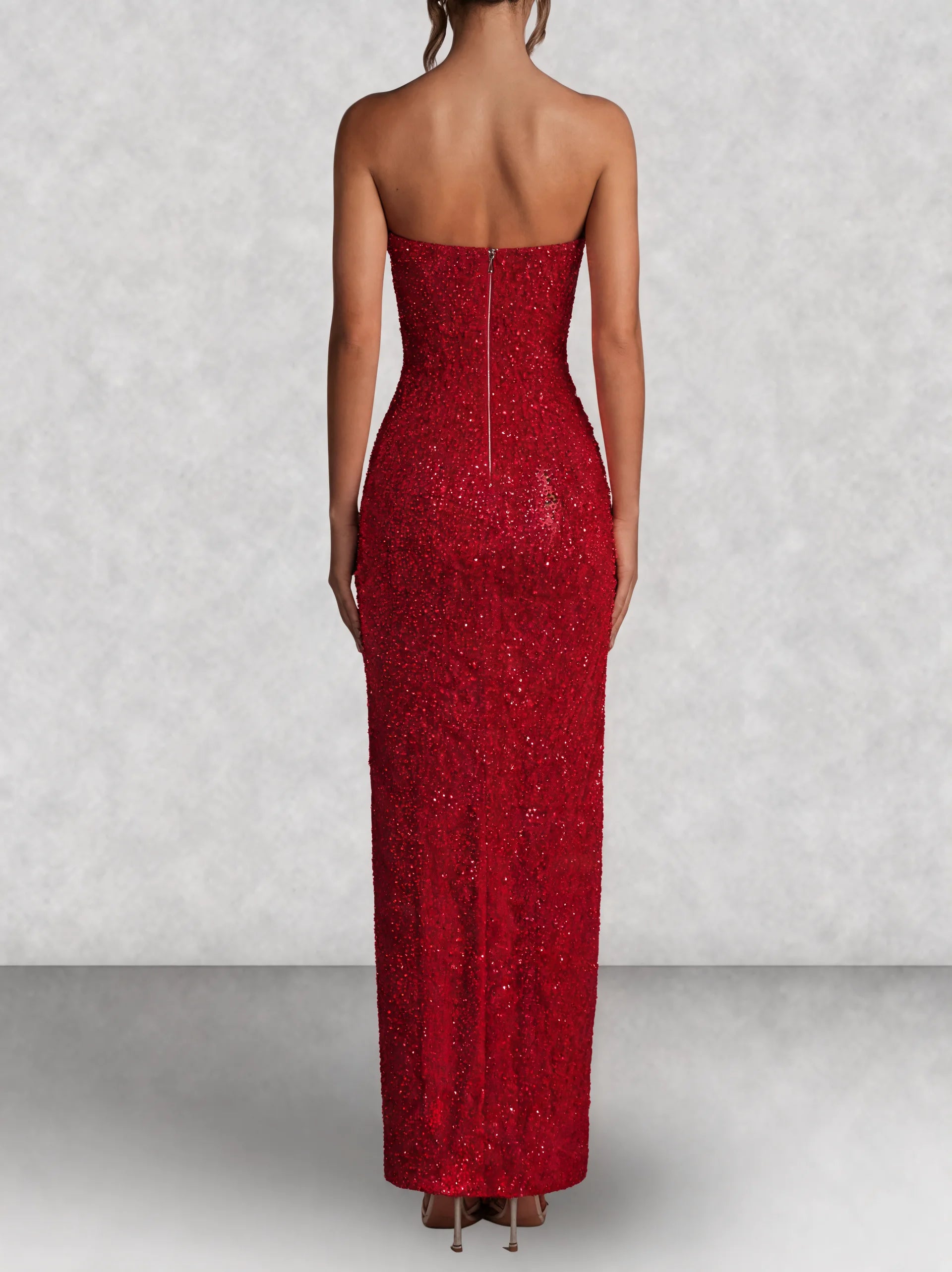 Beaded Strapless Thigh Split Maxi Dress