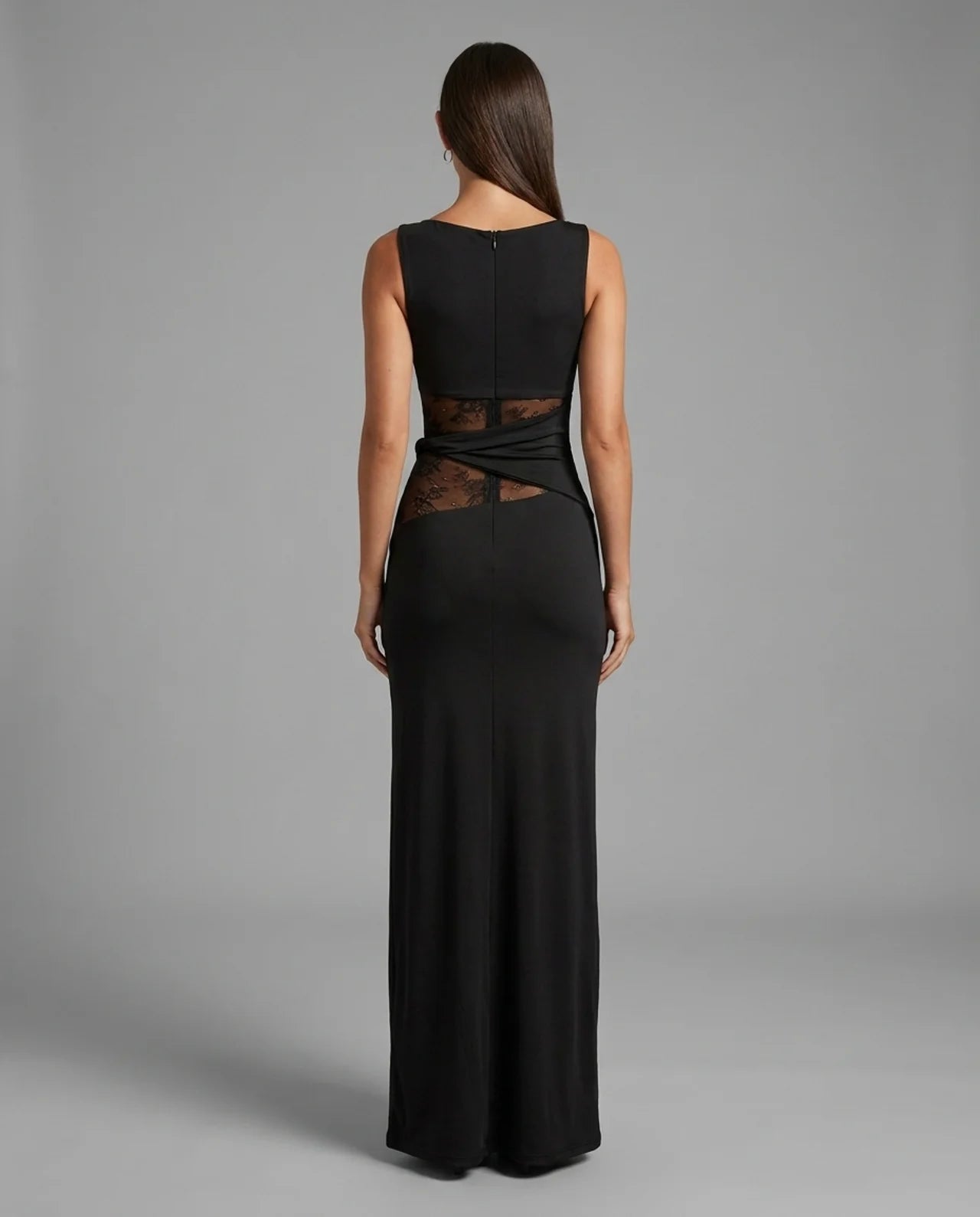 Black Lace Panel High Neck Column Maxi Dress