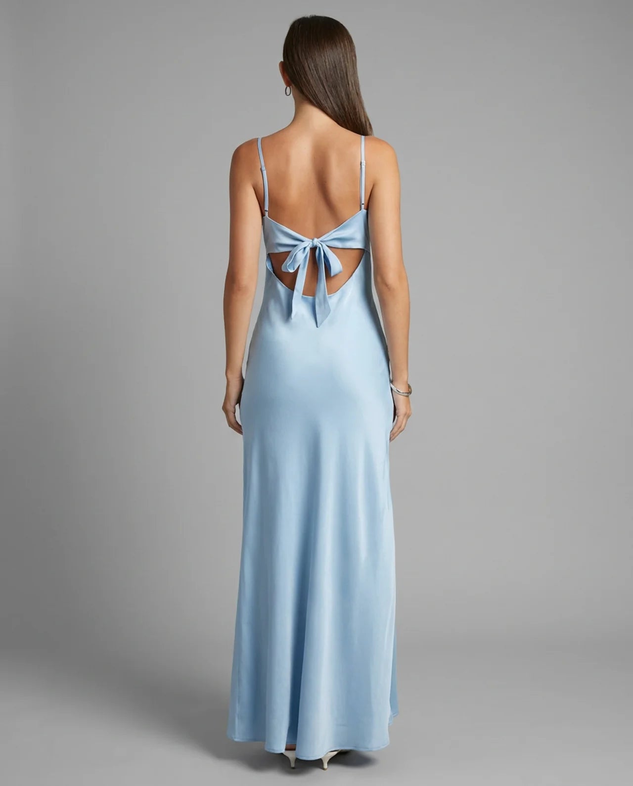 Pale Blue Satin Slip Tie Front Maxi Dress
