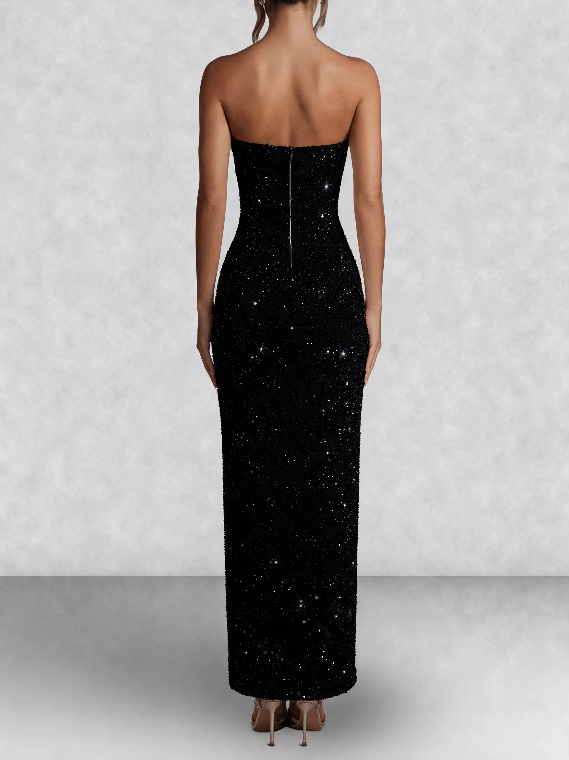 Beaded Strapless Thigh Split Maxi Dress