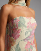 Cream Floral Strapless Neck Scarf Maxi Dress