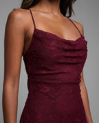 Burgundy Floral Cowl Neck Lace Up Back Maxi Dress